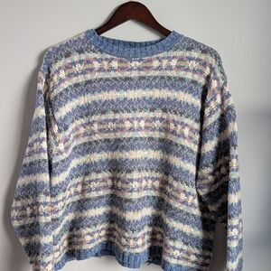 VTG L.L. Bean Fair Isle Sweater Large 100% Cotton Made in USA Blue Pastel 90s